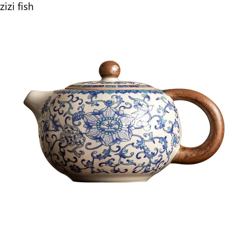 Ru Kiln Blue White Ceramic Teapot Creative Tea Maker Retro Handmade Teapot Kung Fu Tea Set Household Teaware Tea Infuser