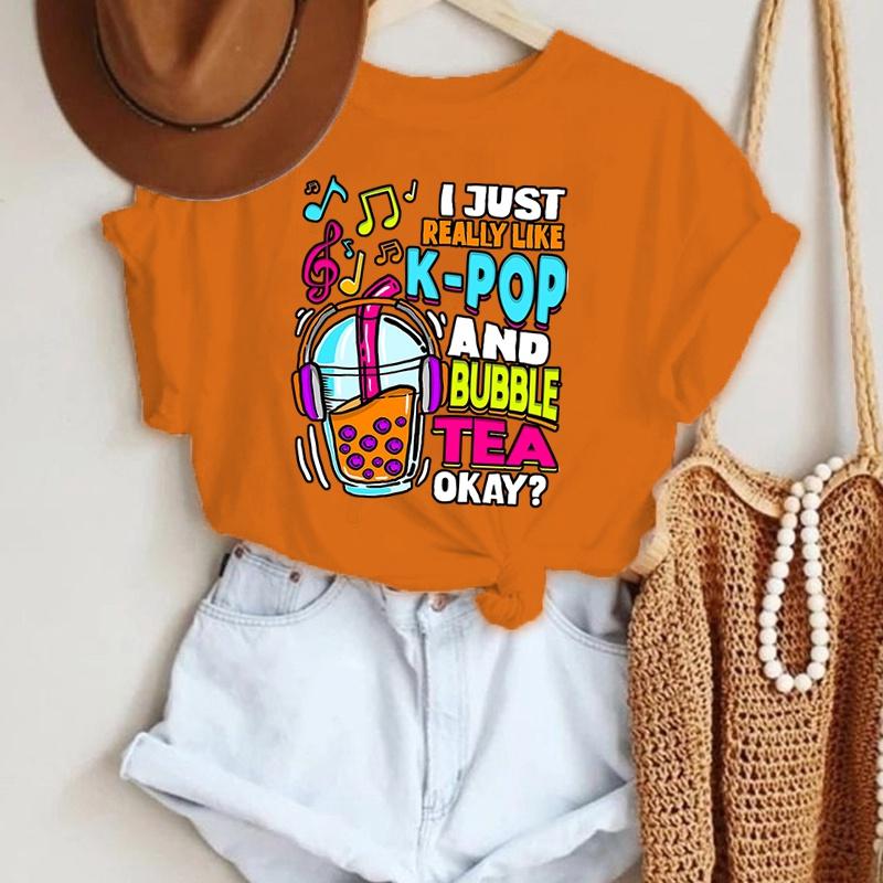 I Just Really Like K-Pop And Bubble Tea Okay Printing T-Shirt Fashion Unisex Short Sleeve Summer Cool Hip Hop Top Tee
