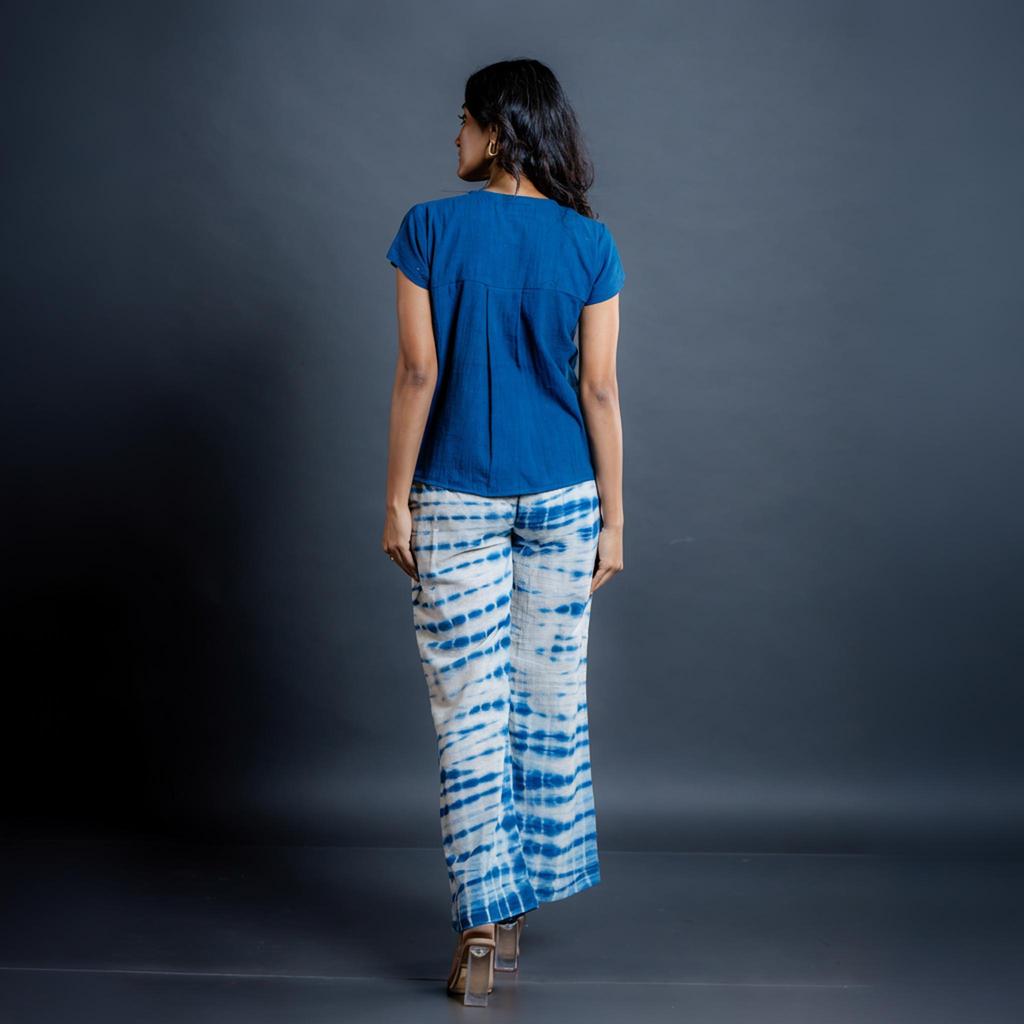 Women's Two Piece Set Made of Handwoven Cotton - Oversized Top and Wide Leg Trousers, Kala Cotton, Loose Fit Casual Outfit - Ocean Mist Collection