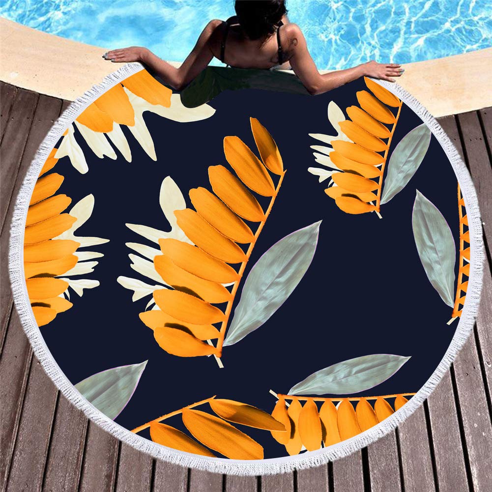 Telo Mare Rotondo Coperta Oversize Foglia di Palma Stile Tropicale Stampa Fenicottero Microfibra Grande Asciugamano Rotondo Picnic Asciugamano Assorbente