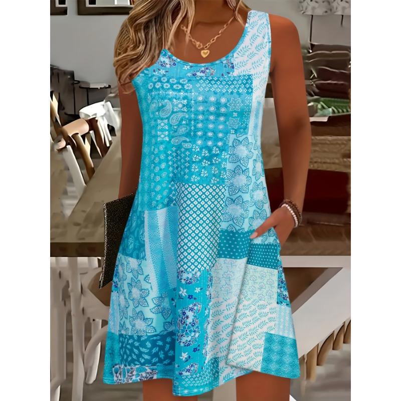 Vestido Floral Feminino de Verão Sem Mangas - Casual para Resort com Gola Redonda, com Bolsos, Lavável à Máquina, Adequado para Passeios na Praia e Festas Diárias