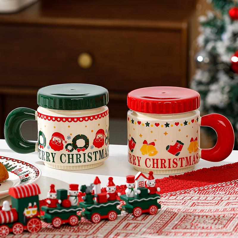 400ML Christmas Coffee Cups Personalized Ceramic Mug with Lid Cute Home Office Copo Breakfast Milk Drinking Friend Kid Xmas Gift