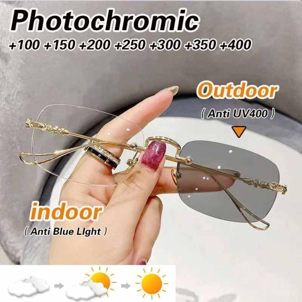 Pochromic Anti Radiation Reading Eyeglass for Woman Men Frameless Glasses 2 In 1 Metal Frame Shades Sunglasses