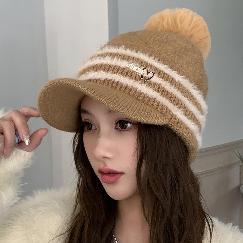 New Autumn and Winter Striped Hat Outdoor Plush Windproof Wool Hat Girl Hairball Ear Protector Knitted Cap