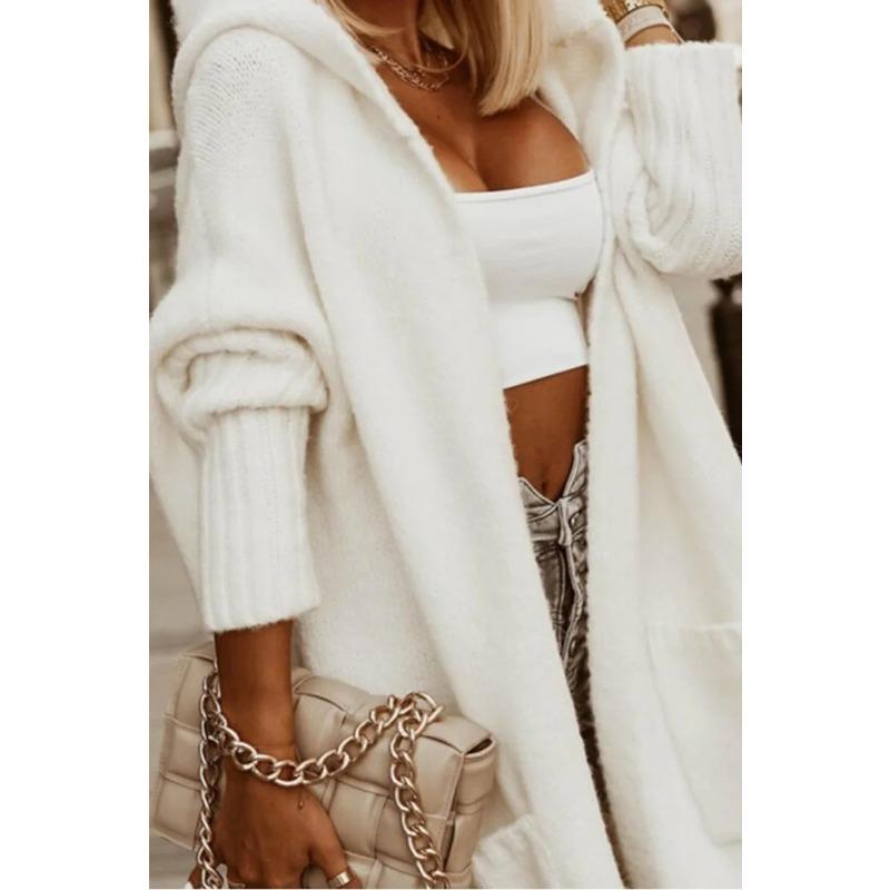 Letter Hooded Cardigan Knit Sweater Women Autumn Winter Loose Long Sleeve Coat Long Knitted Jacket Pocket Overcoat Office Lady