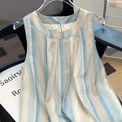 Damen Blau Beige Gestreiftes Leinenhemd Lässig Lockerer Schnitt Kurze Ärmel Atmungsaktive Bluse