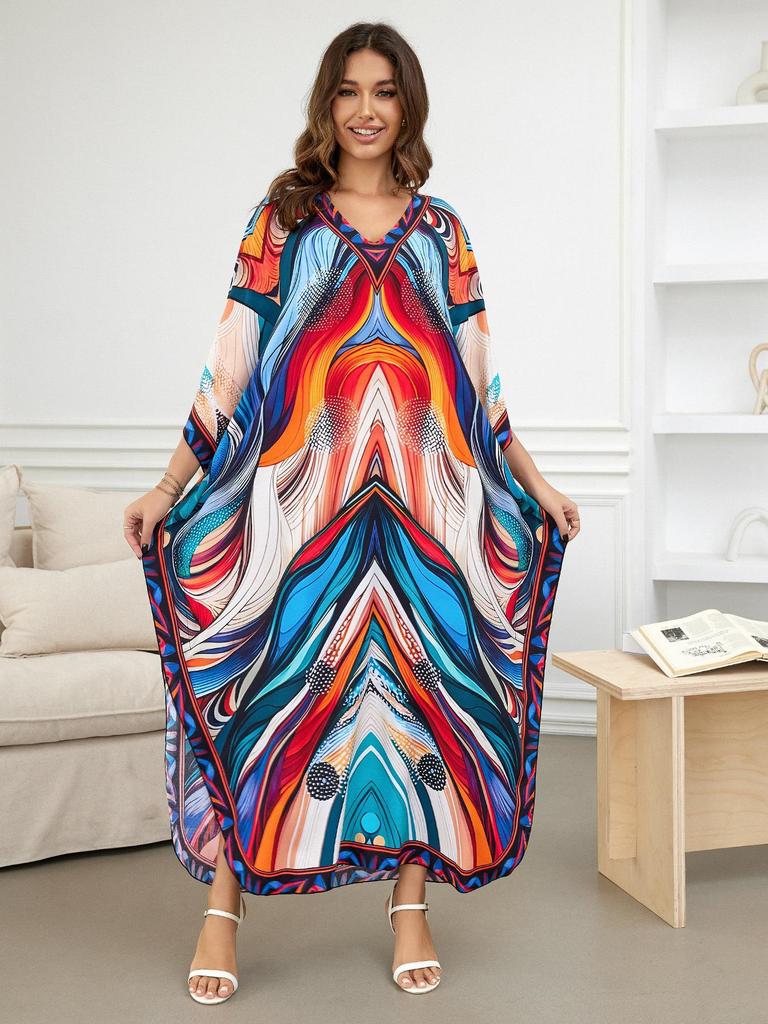 European-American Cotton Print Loose Plus Size Long Dress Beach Cover-Up Robe Style