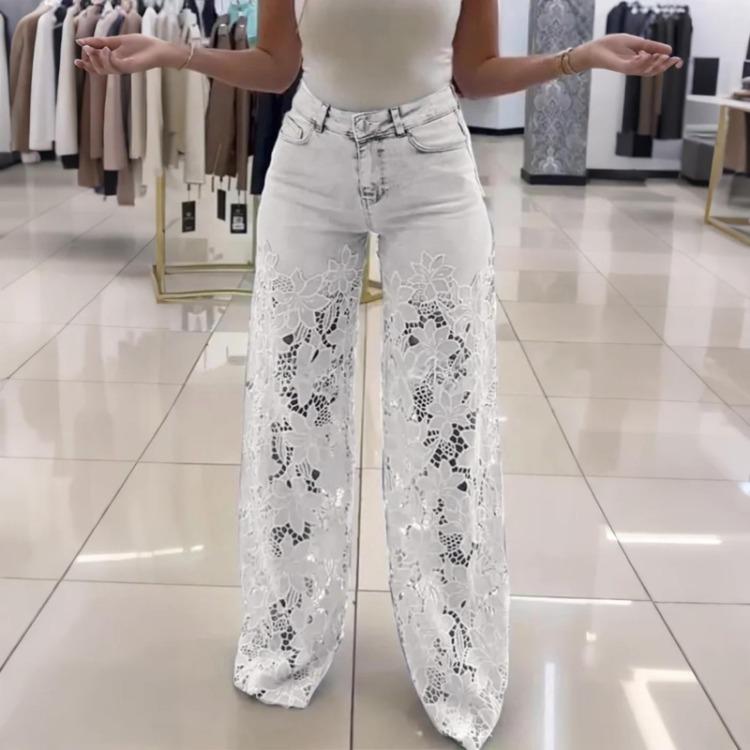 Damen Freizeithosen aus Denim Unifarben Schmal geschnitten Fließendes Design Vielseitig Spitze Patchwork