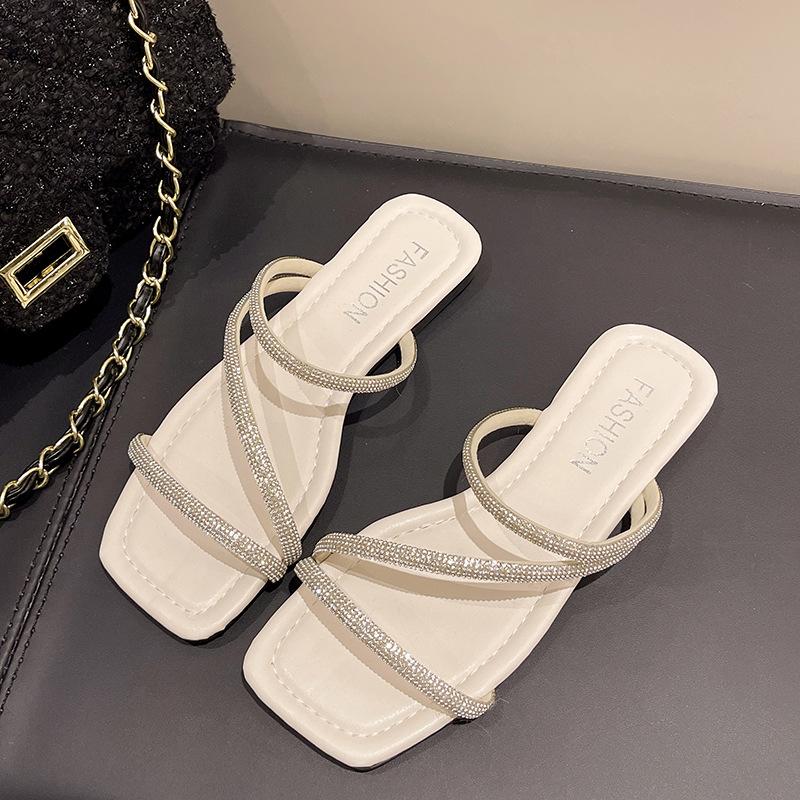 Slippers Women's Summer Outer Wear New Year's Fashion Versatile Rhinestone Flat Bottom One-word Drag Fairy Wind Beach Cool Slippers