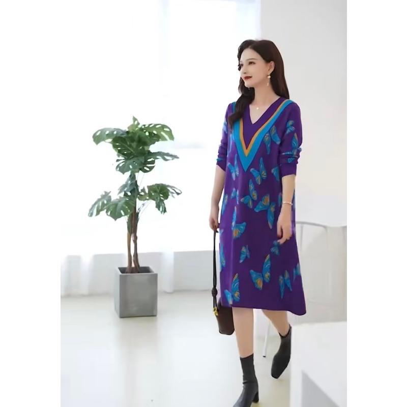 Western-style Dress V-neck Color-blocked Mid-length Hooded Jacquard Butterfly Flying A-line Sweater Skirt