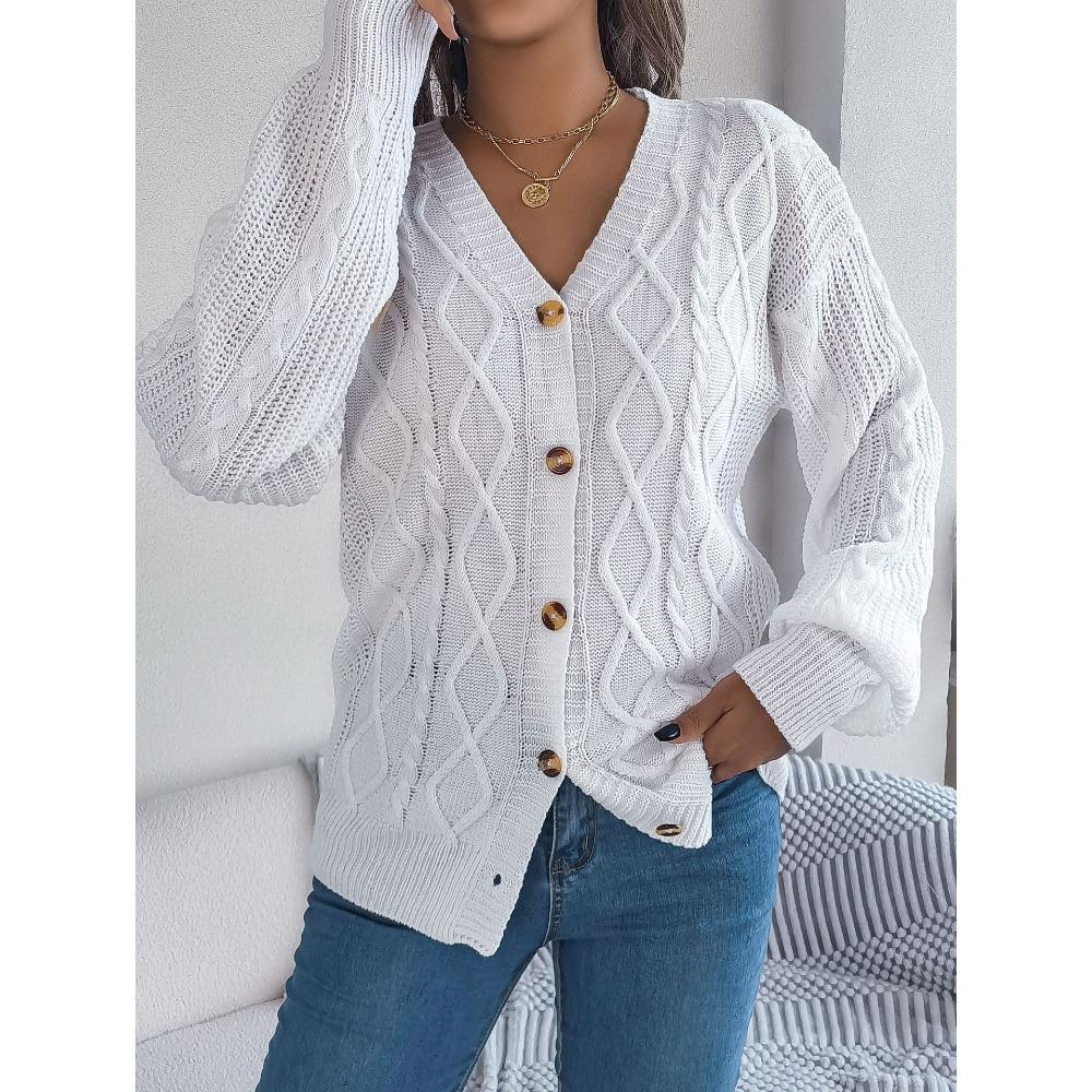 New Autumn/Winter Ladies' Sweatshirt Collection: Oversized Top, Casual V-Neck, Bell Sleeves, Cable-Knit Button-Front Cardigan