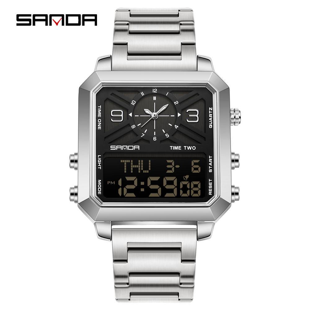 SANDA 6265 Square Dual Display Watch Men's Electronic Quartz Dual Movement 3ATM Waterproof Night Light Sports Business Watch