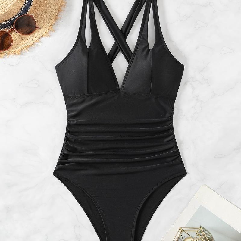 New Backless Wrinkled Strap-up High-waisted Bikini One-piece Swimsuit Swimsuit Women