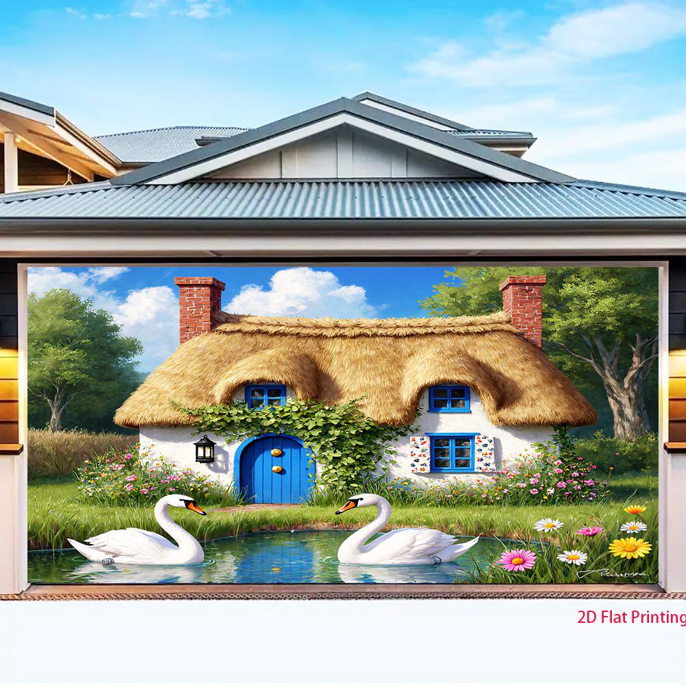 One-piece fairy tale cottage with a swan lake, suitable for party themes and occasions, room decoration backdrop fabric