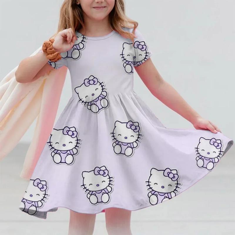 Sanrio Summer Hello Kitty Dress For Girls Women Short Sleeve Costume Princess Party Dresses Children's Dresses Toddler Clothes