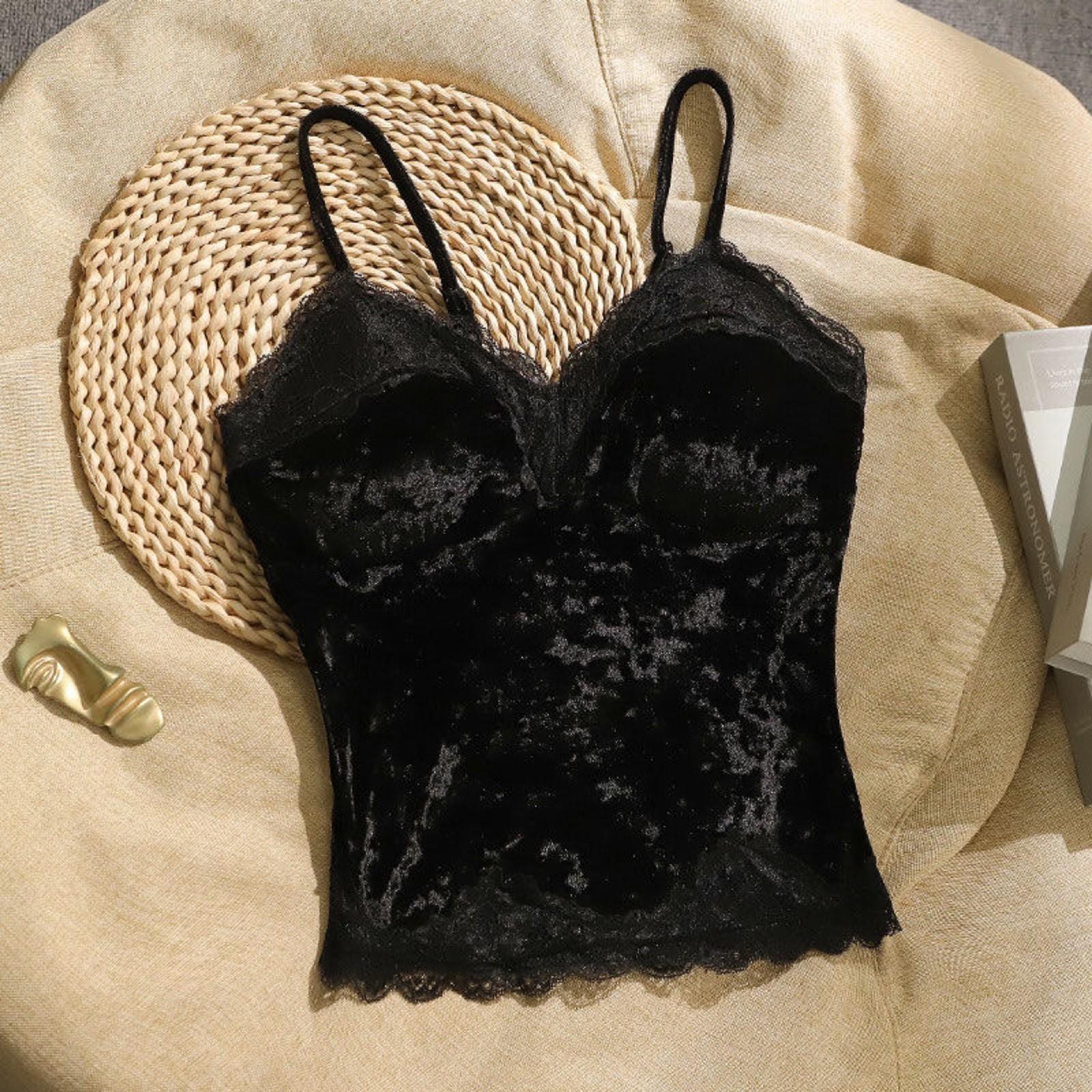 

Ladies Casual Gold Velvet Camisole Vest With Sexy V-neck Lace And Built-in Chest Cushion One Size