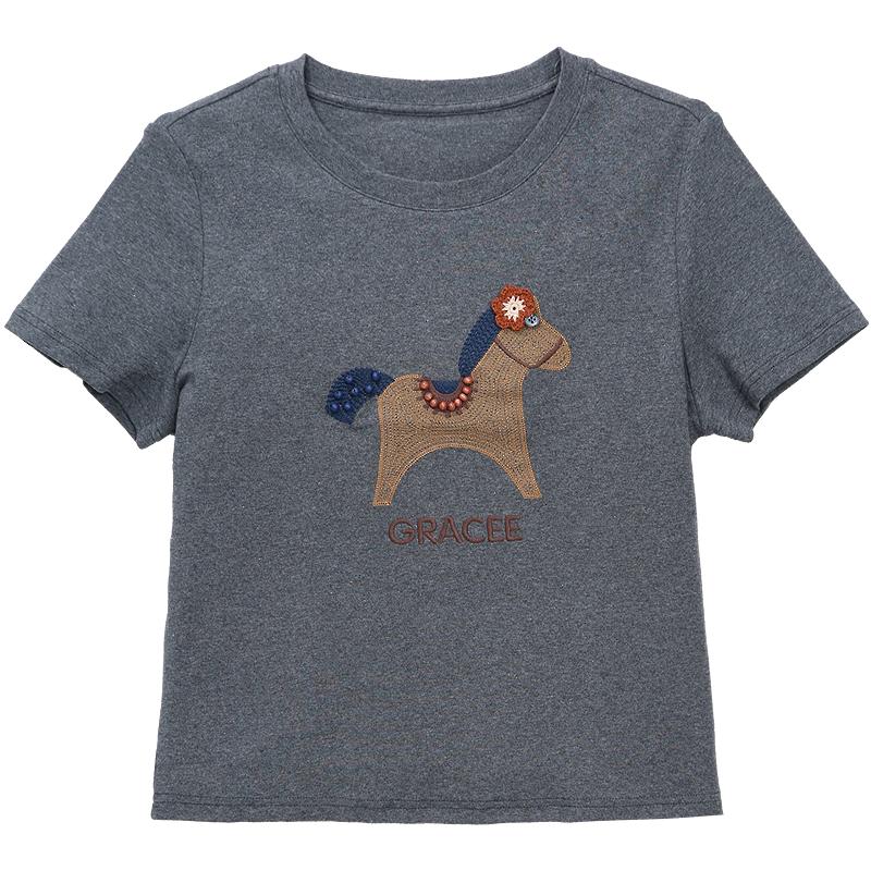 Betu Women s 3D Horse Embroidered Short Sleeve T-shirt S