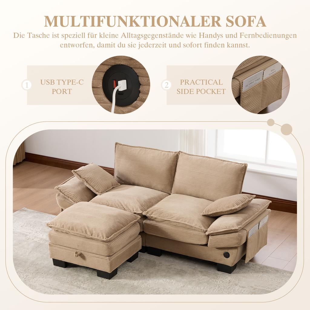 Modular 2-seater Corduroy Sofa (with Ottoman) – Wide Seat, Ergonomic Design, High-density Foam Padding, USB-C Port, Side Pockets. Khaki