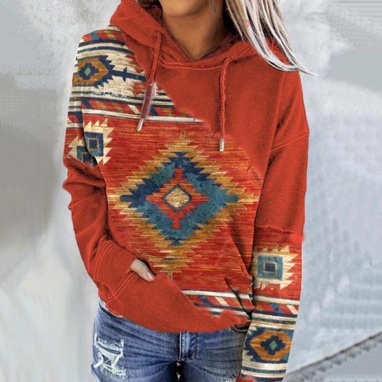 2026 Autumn/Winter Women's Ethnic Style Print Sweatshirt - European & American Fashion