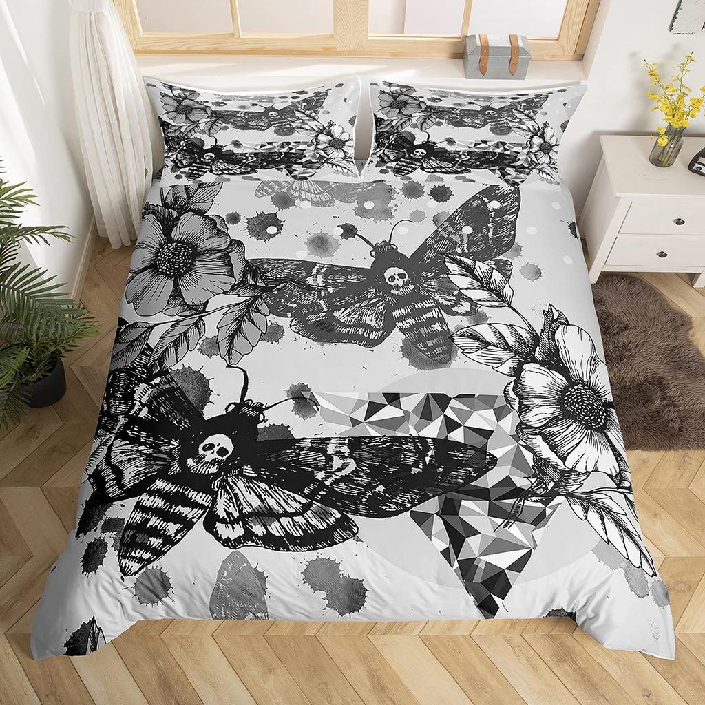 Gothic Skull Duvet Cover Set, Death Moth And Flowers Comforter Cover King Personalized Skeleton Bones Bedding Sets Black Cream