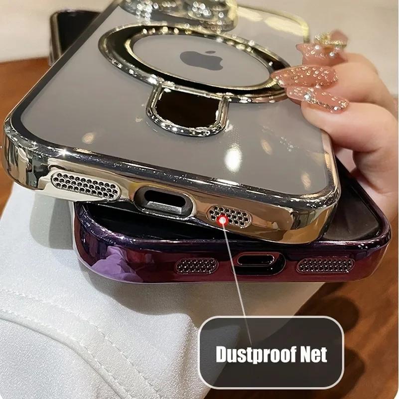 Transparent Plating For Magsefa Case For iPhone 16 15 14 13 12 11 Pro Max 14 15 16 Plus Wireless Charging Ring Stand Phone Cover