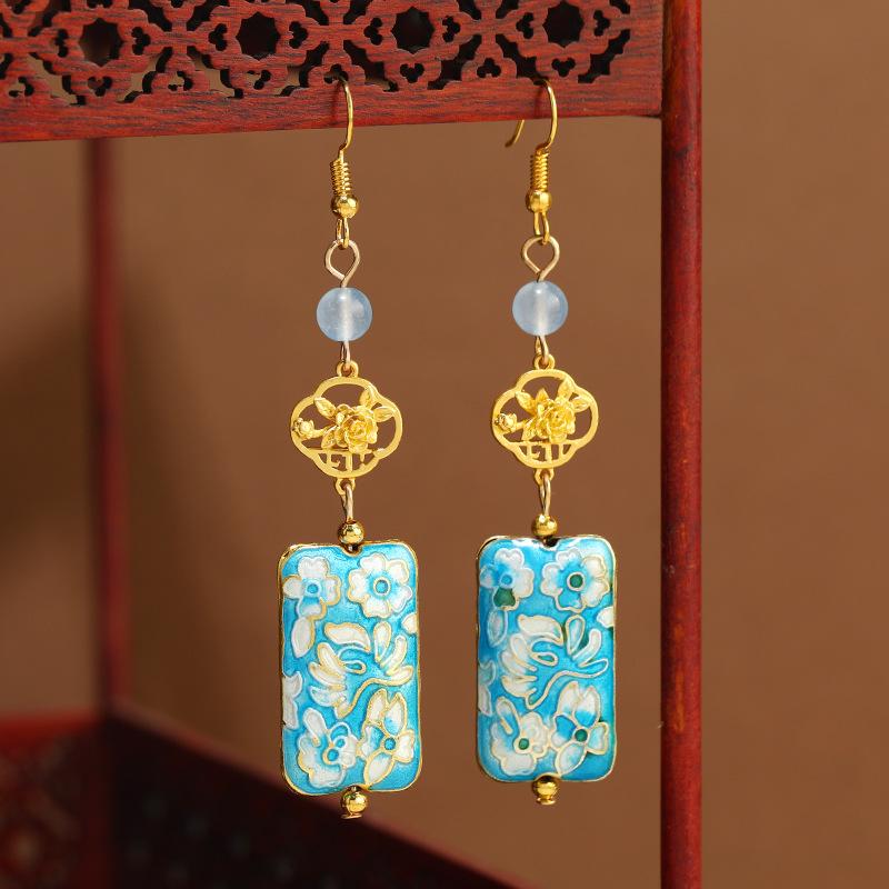 Original design cloisonne earrings women's retro enamel flower square brand earrings medium cheongsam earrings