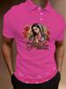 Men's Short-Sleeve Polo Shirt with Virgin Mary Print - Pink Lapel Collar Button-Front Buttoning Shirt, Full-Body Iconic Suitable for Dates, Beach