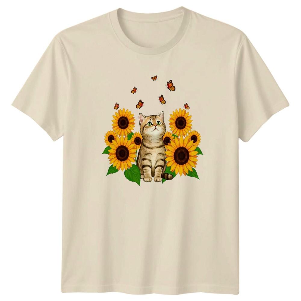Kitten Sunflower Butterfly Unisexs TShirt Nature Cat Birthday Gift For Her