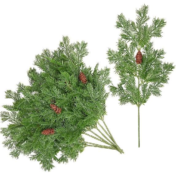 Watayo 8 Pcs Large Artificial Pine Needles Branches- 16  x 7  Christmas Fake Greenery Pine Picks with Pinecone- Faux Pine Leaves Sprigs for Christmas 8