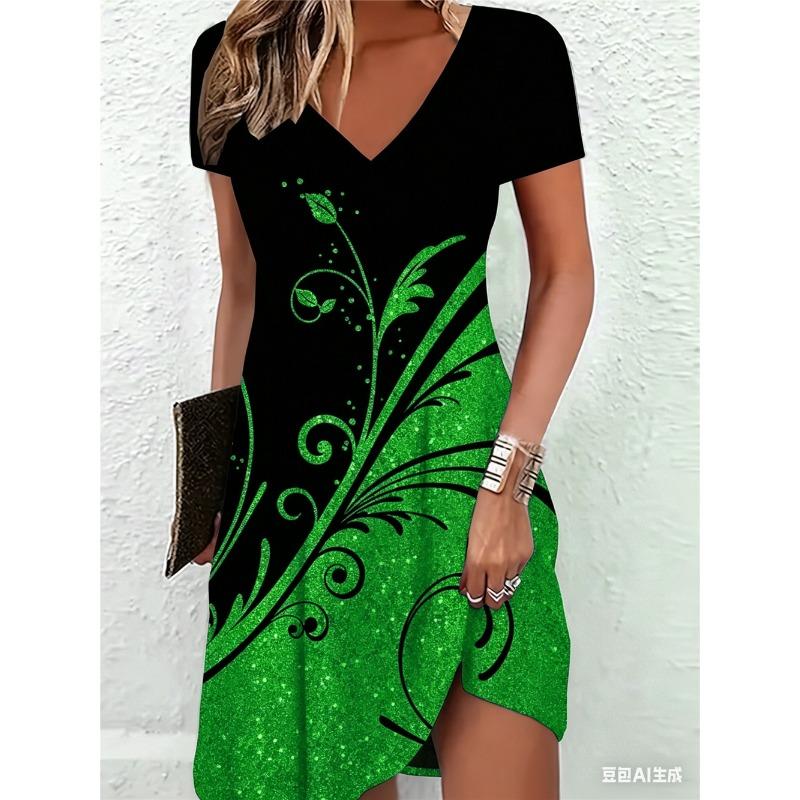 Elegant Women Floral Mini Dresses Summer Short Sleeve V-Neck Street 3D Flower Printed Ladies Dress 3XL Plus Size Casual Dress