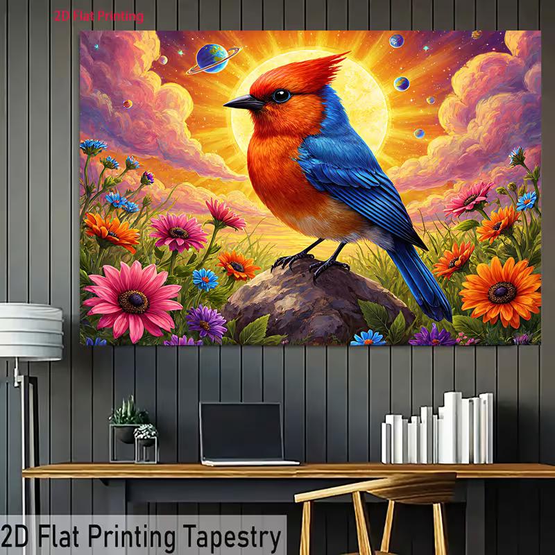 

2D Fantasy Bird Art Tapestry, Colorful Bird on a Rock in a Flower Field with Nebula Clouds 47.2x31.5inch/120*80cm