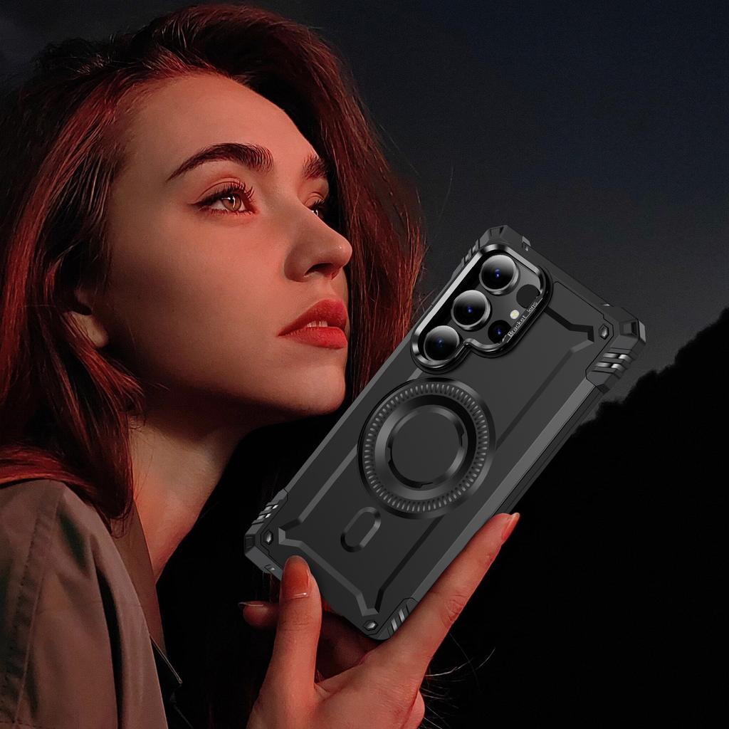 For Samsung Galaxy S25 Ultra Magnetic Case Lens Kickstand PC+TPU Shockproof Phone Cover