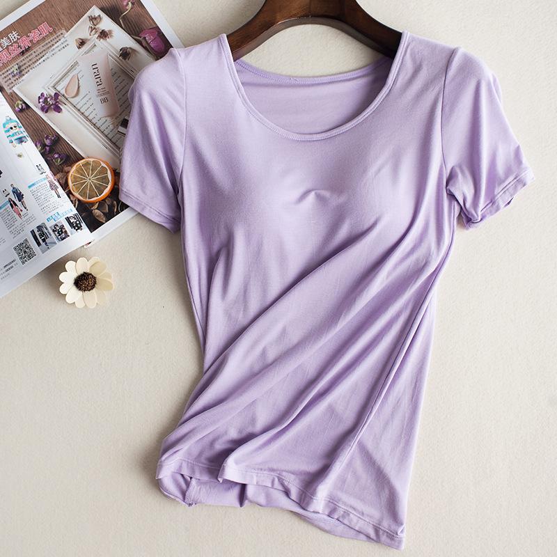 

Спортивная футболка для йоги с короткими рукавами и встроенными подушечками — беспроводная, бюстгальтер не нужен — идеально подходит для лета и осени. XL (120-140 lbs) фиолетовый