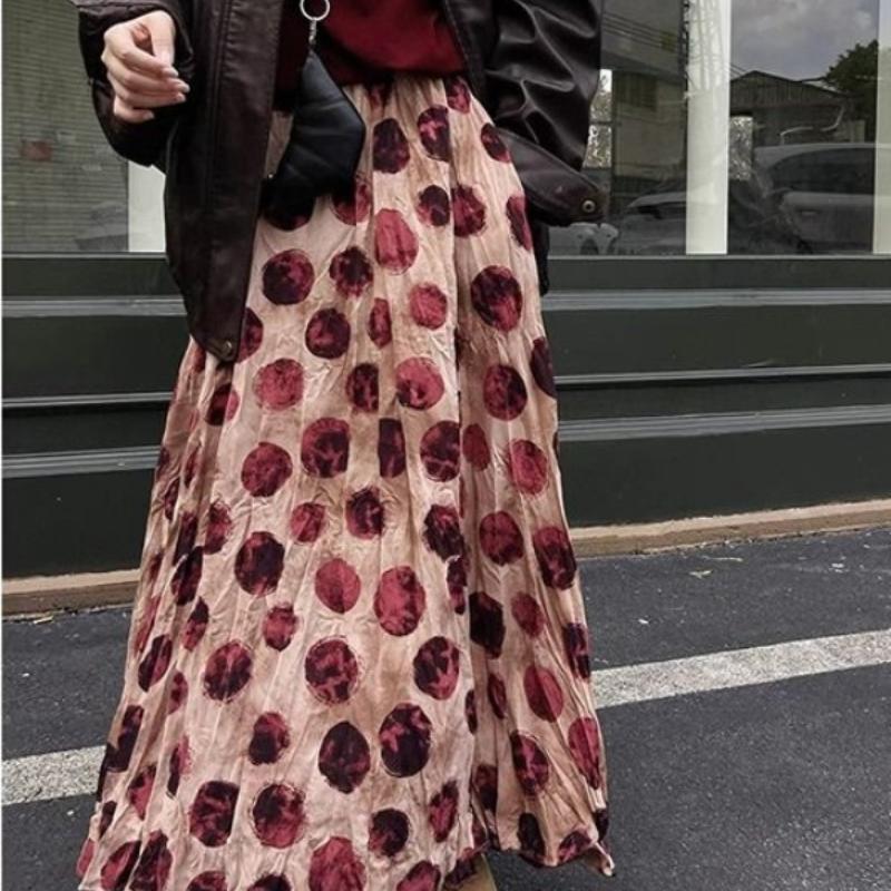 Falda Midi Estampada Retro para Mujer Cubre las Caderas para Mostrar un Temperamento Delgado Cintura Alta Lunares Verano Falda Larga para Mujer
