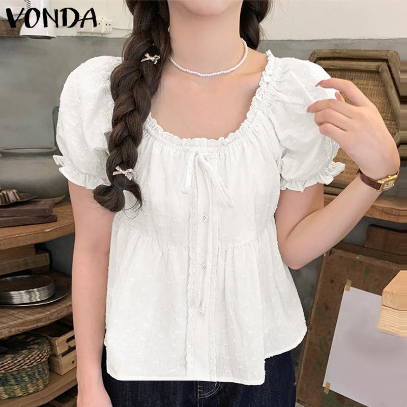 

VONDA Women Summer Puff Sleeve Irregular Texture Ruffled Casual Blouse 2XL