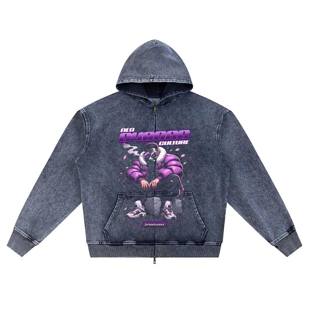 

DTG print Knitted Denim Zip-Up Hoodie Neo Cyborg Culture Brother Print Zipper Hoodies XL