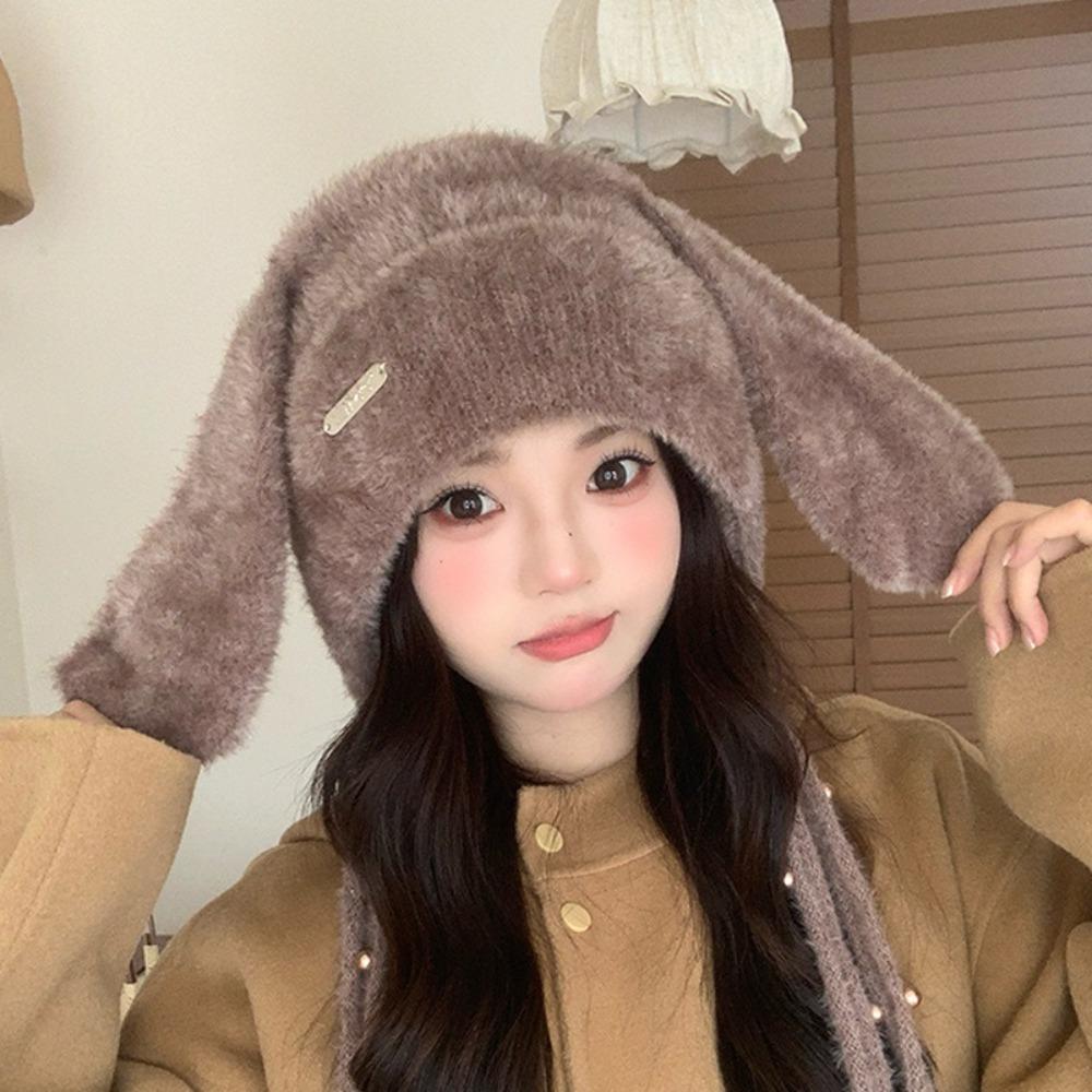 

Fashion Winter Warm Ear Protector Hat Soft Cold-proof Rabbit Ear Pullover Cap Fluffy Big Ears Windproof Knitted Cap Ski кофейный