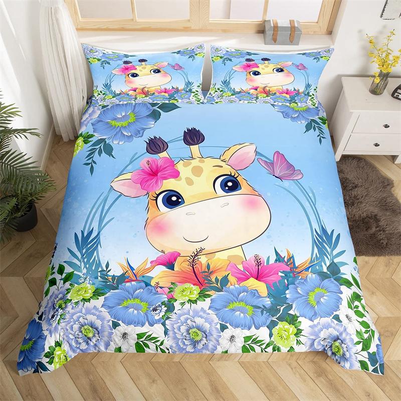 Cartoon-Tier-Bettbezug-Set Zoo Sikahirsch Mikrofaser Rosa Blumig Bettwäsche Einzelbett Twin Für Mädchen Jungen