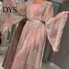 Shiny Bronzing Gown 2 Pcs/Set Women Evening Dress Big Swing Bronzed Cardigan Slip Wedding Guest Attire Set See-through Mesh Long Sleeve Coat Cocktail