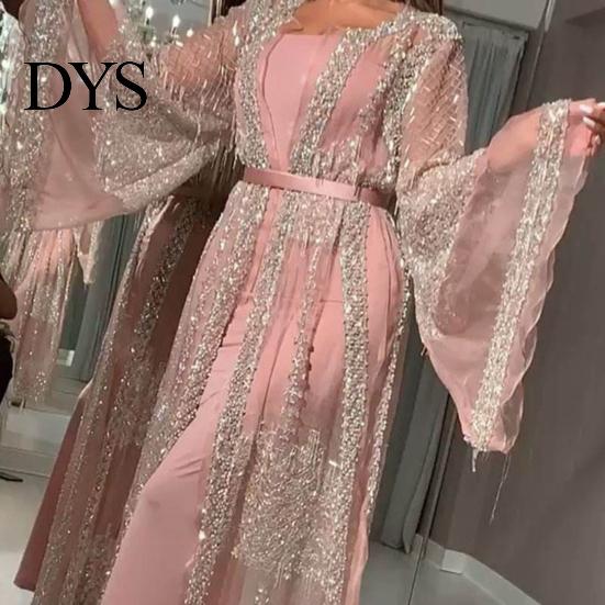 Shiny Bronzing Gown 2 Pcs/Set Women Evening Dress Big Swing Bronzed Cardigan Slip Wedding Guest Attire Set See-through Mesh Long Sleeve Coat Cocktail