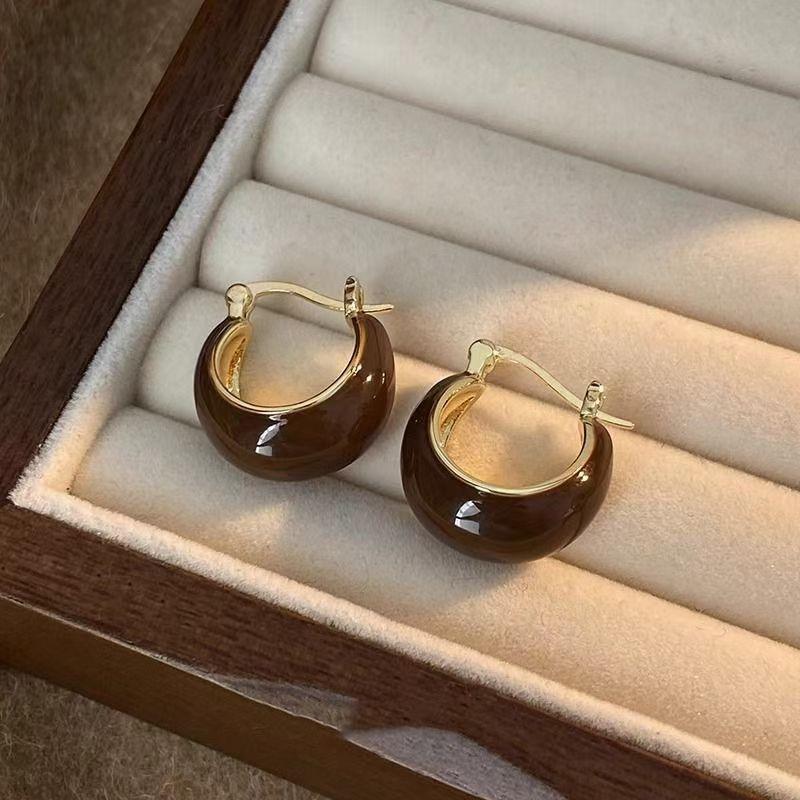 Vintage Brown U-shaped Earrings for Women Girl Simple Coffee Color Round Beaded Hoop Earrings Temperament Wedding Bride Jewelry