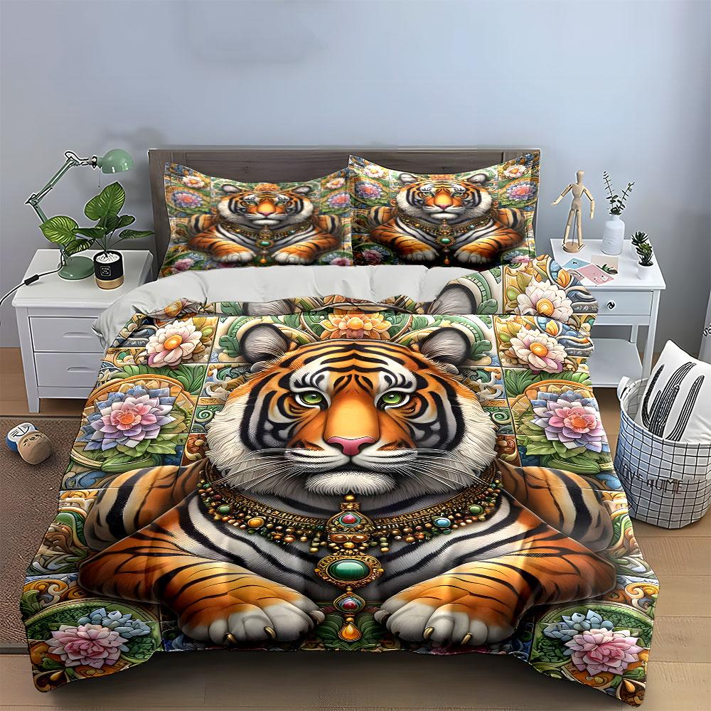 Tiger with jeweled necklace. Bedding sets Duvet cover sets Duvet covers Pillowcases(1 * Duvet Cover 2 * Pillowcases without duvet insert)