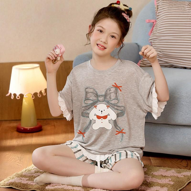 Girls Short Sleeve Pajama Set Cartoon Print Cotton Lyocell Sleepwear Ages 8 Lightweight Home Outfit