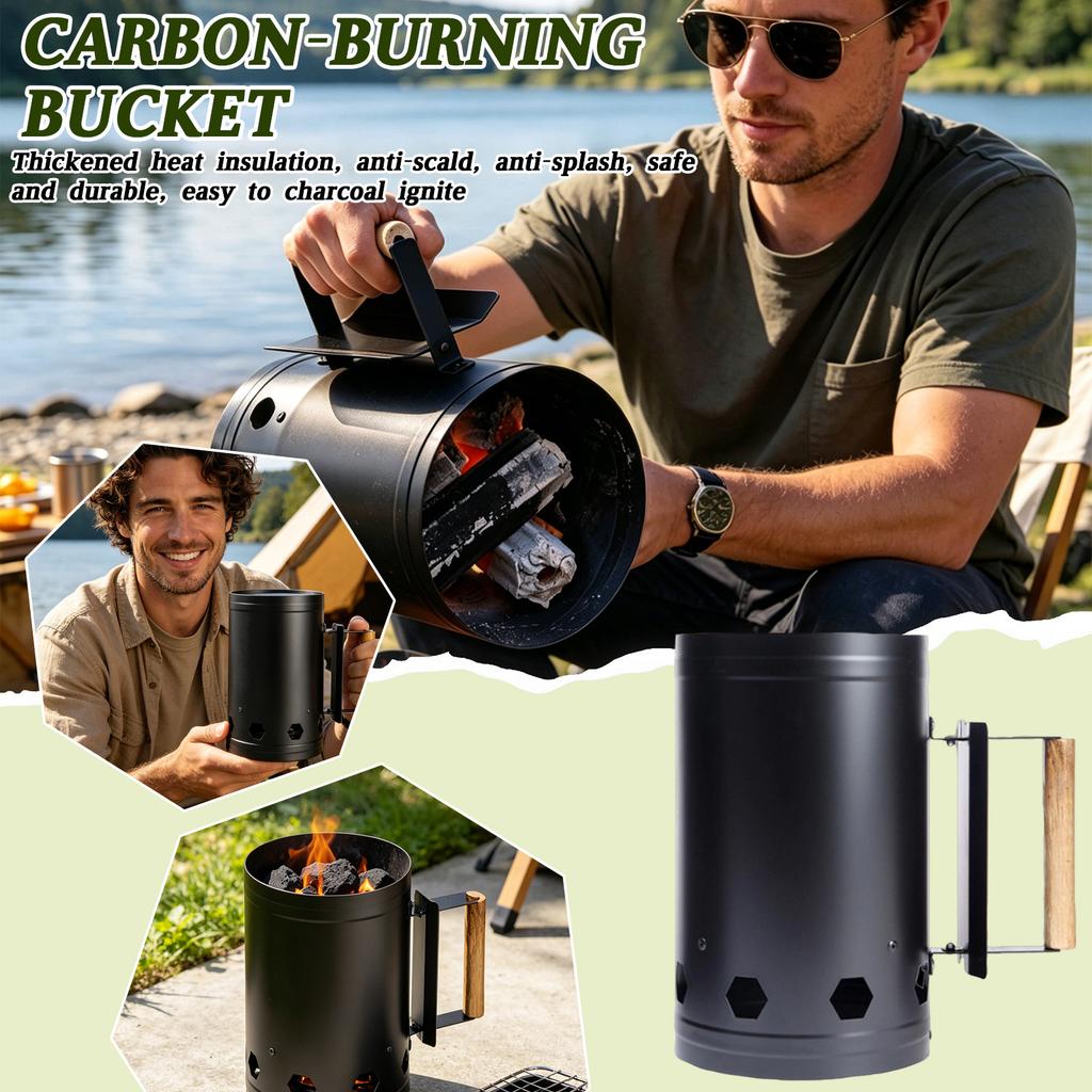 Outdoor BBQ Charcoal Chimney — Ignition Bucket & Charcoal Lighting Tool — Heat-Resistant With Wooden Handle — Home Grilling Accessory — Co