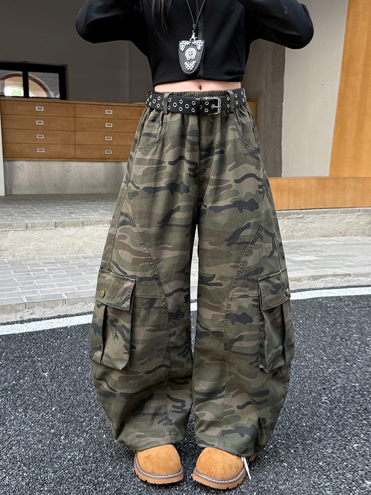 Autumn 2026 Girls' Camouflage Wide-Leg Overalls with Large Pockets