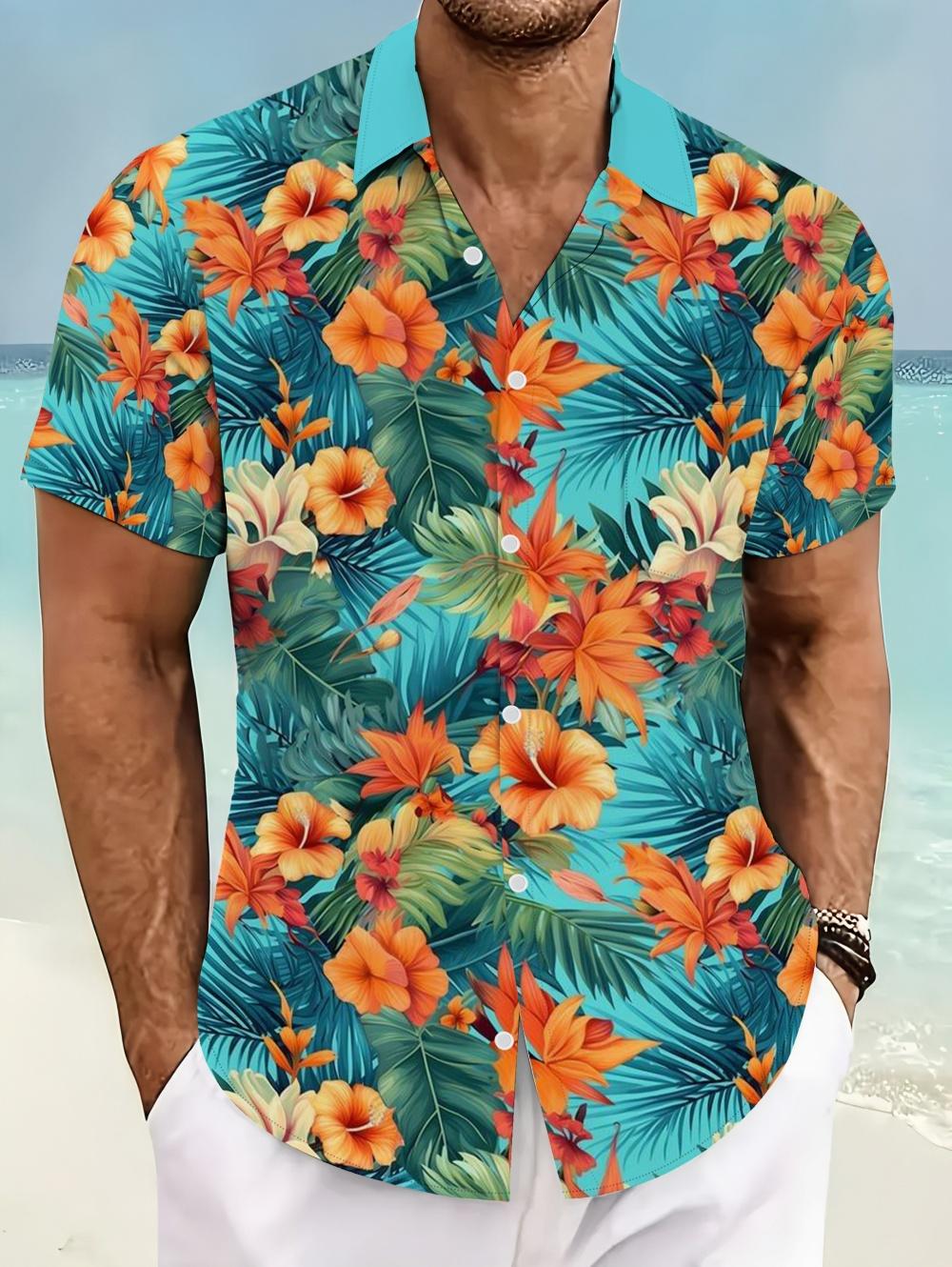 Neues Herrenhemd Sommer Mode Urlaub Lässig 3D Kokospalme Bedrucktes Lockeres Kurzarm Blumenhemd Hawaiianische Herrenbekleidung 3XL blue