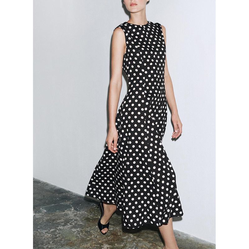 Summer New Women clothes Linen Blend A- line Hem Polka Dot round Neck Sleeveless Length Dress 2183057