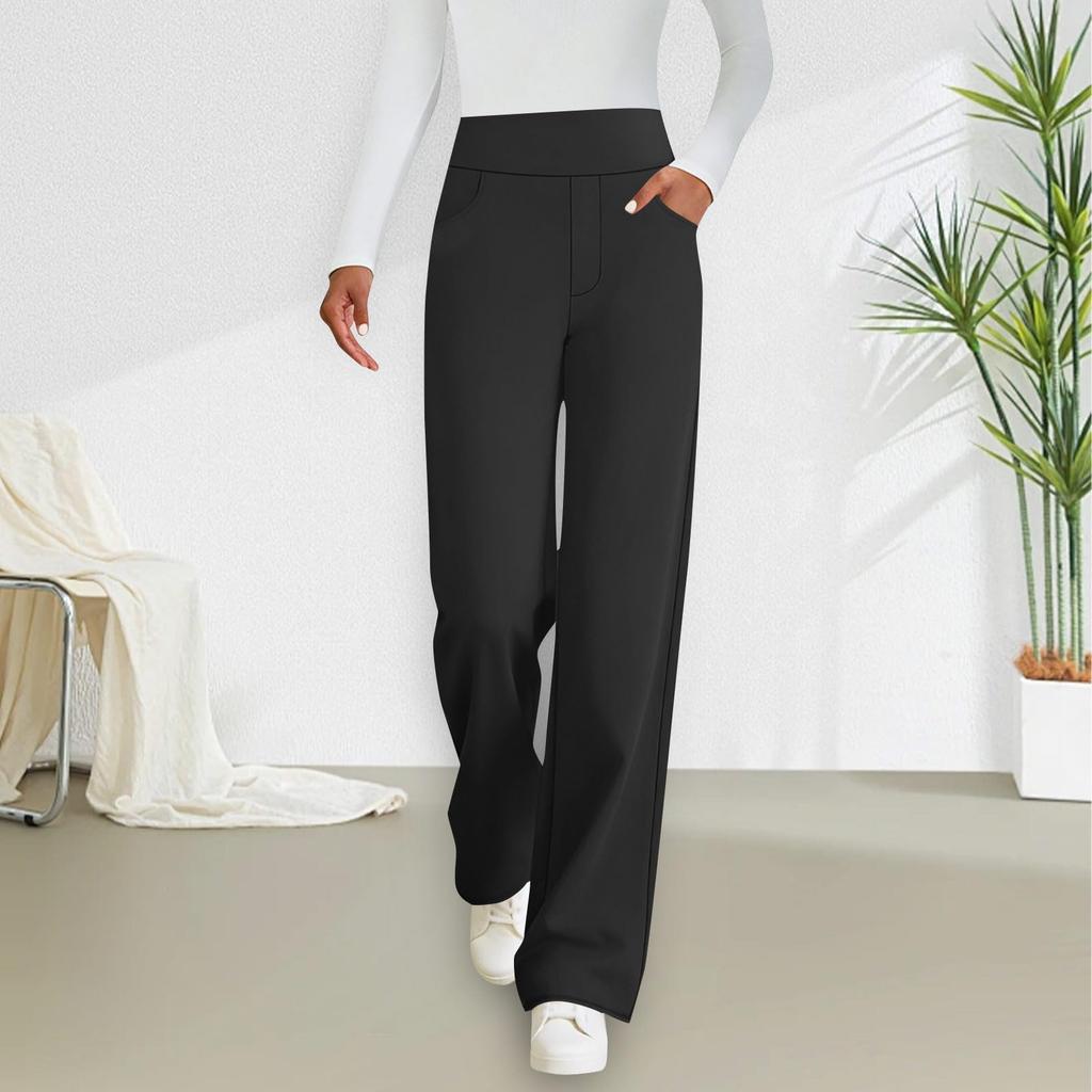 Women's Fashion Straight-Cut Wool Blend Casual Stretch Elastic Waist Loose-Fit Pants