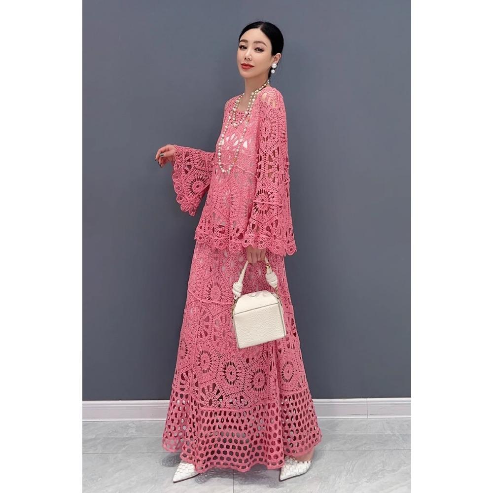 DIMANAF 2025 Neue Rock Anzug Frauen Strand Kurzarm Spitze Stricken Aushöhlen Sexy Oansatz Hohl Sommer Stil Tops Tees Lose grundlegende