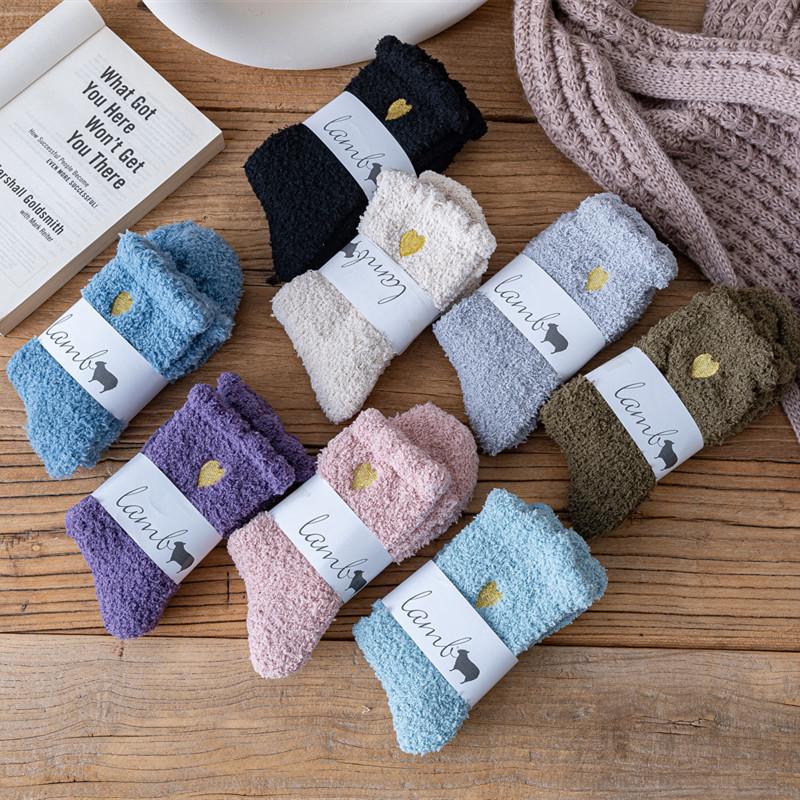 Home Indoor Cozy Floor Socks Winter Warm Soft Coral Fleece Socks Cute Heart Embroidery Thick Socks Fluffy Terry Short Sox Female
